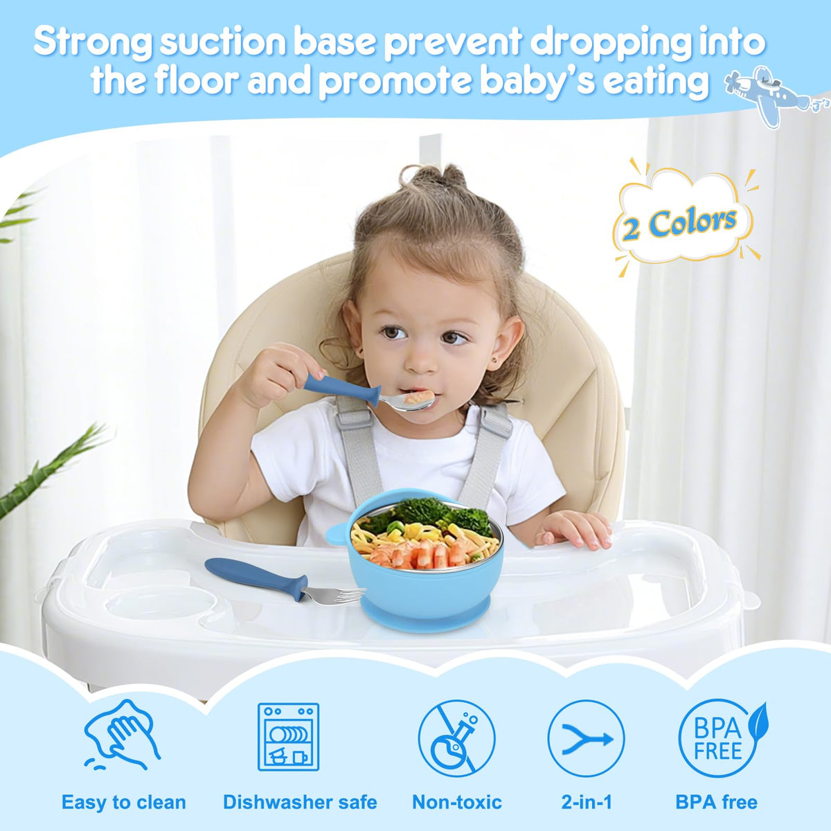 Wesketch Paquete De 2 Tazones De Acero Inoxidable Para Bebé Con Ventosa De Silicona Antideslizante Extraíble, Recipiente Antiescaldaduras Para La Alimentación Del Bebé, Incluye Tenedores Y Cucharas, A