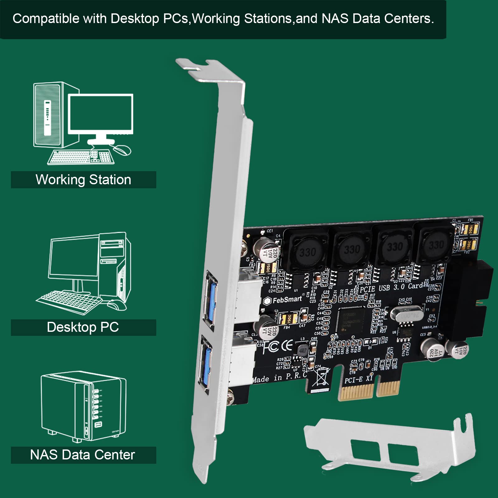 FebSmart 1 cabecera USB 3.0 de 19 pines y 2 puertos USB-A PCIE USB 3.0 tarjeta de expansión de 5 Gbps para PC de escritorio Windows y Linux, tecnología autoalimentada integrada, sin necesidad de fuente de alimentación adicional (FS-HA-Pro)