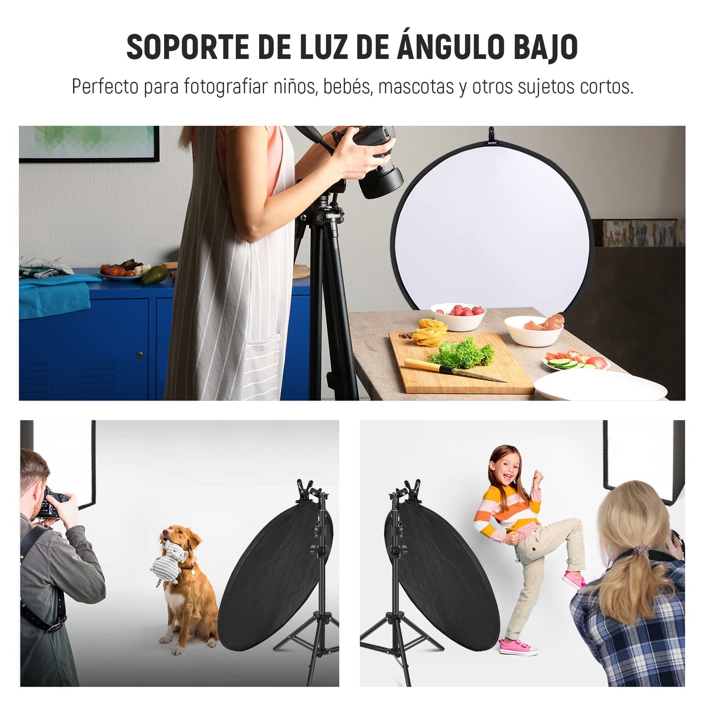NEEWER Kit de Reflector de Luz de 43"/110cm, Reflector Redondo Plegable 5 en 1 (Translúcido/Plateado/Dorado/Blanco/Negro), Abrazadera de Metal y Soporte Corto de 21"-43"/53-110cm para Fotografía