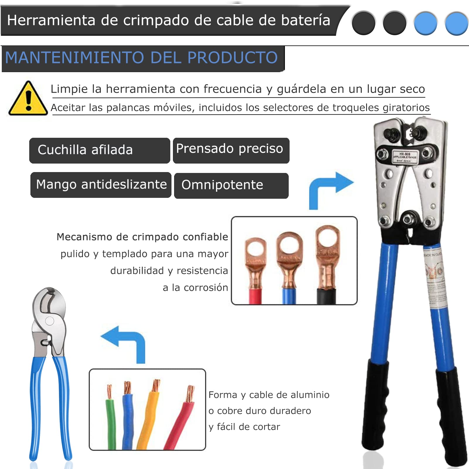 Herramienta de crimpado de cable de bateria, Crimpadora de Cable de Bateria con Cortador de Cables, Herramienta de crimpado para terminales de alambre resistentes de 8, 6, 4, 2, 1, 1/0 AWG