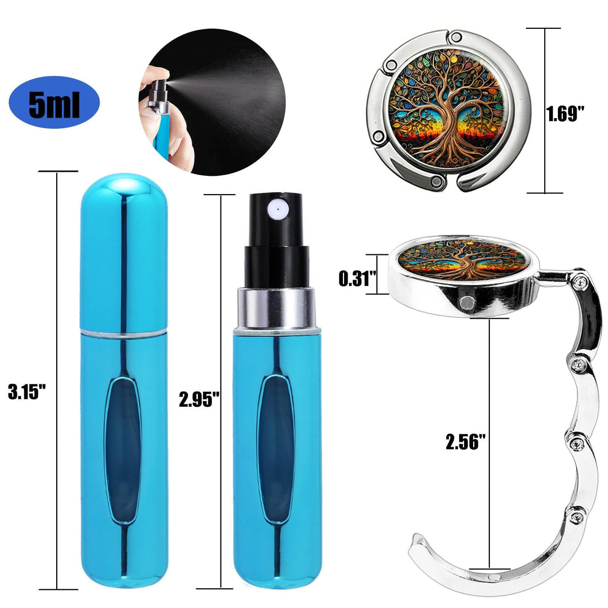 Smtheasy - Atomizador de perfume de viaje, 5 ml, repuesto para atomizador de perfume, funda de bomba de olor, spray de perfume pequeño y 2 ganchos para cartera para mesas
