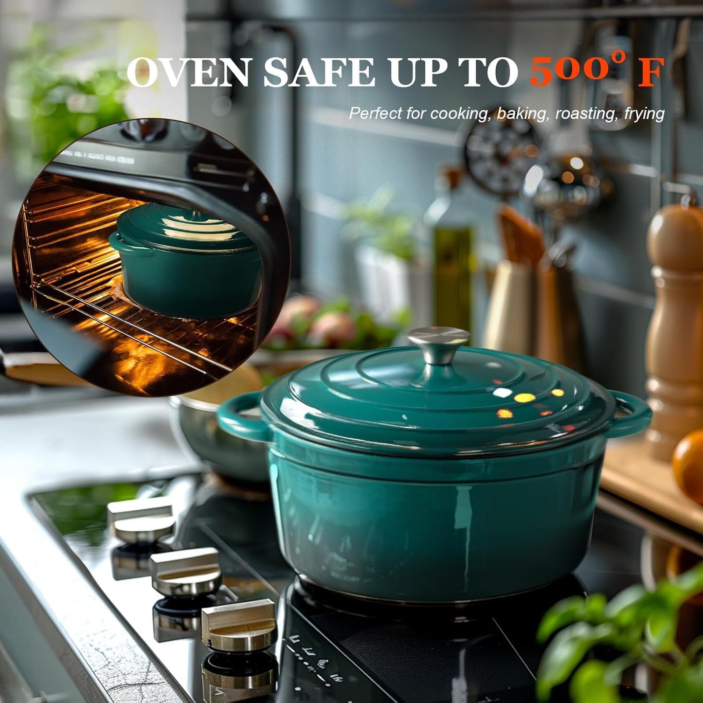 Overmont - Horno holandés de hierro fundido esmaltado, utensilios de cocina de 5,5 cuartos con tapa de algodón resistente al calor, olla esmaltada resistente con tapa para estofados, asar pan y