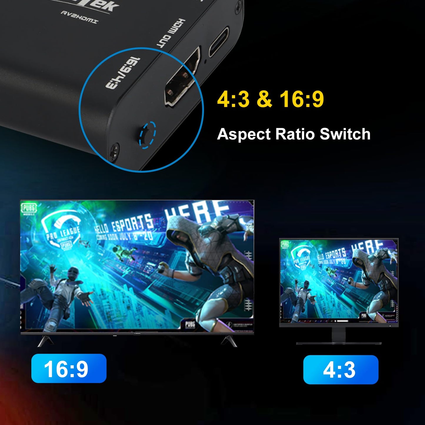 Convertidor AV/RCA/CVBS a HDMI, sin latencia para Juegos, Plug & Play, Aluminio Duradero, Switch 4:3/16:9, alimentación Tipo C, Compatible con Wii, N64, PS, SNES, DVD, VHS, VCR y PC.
