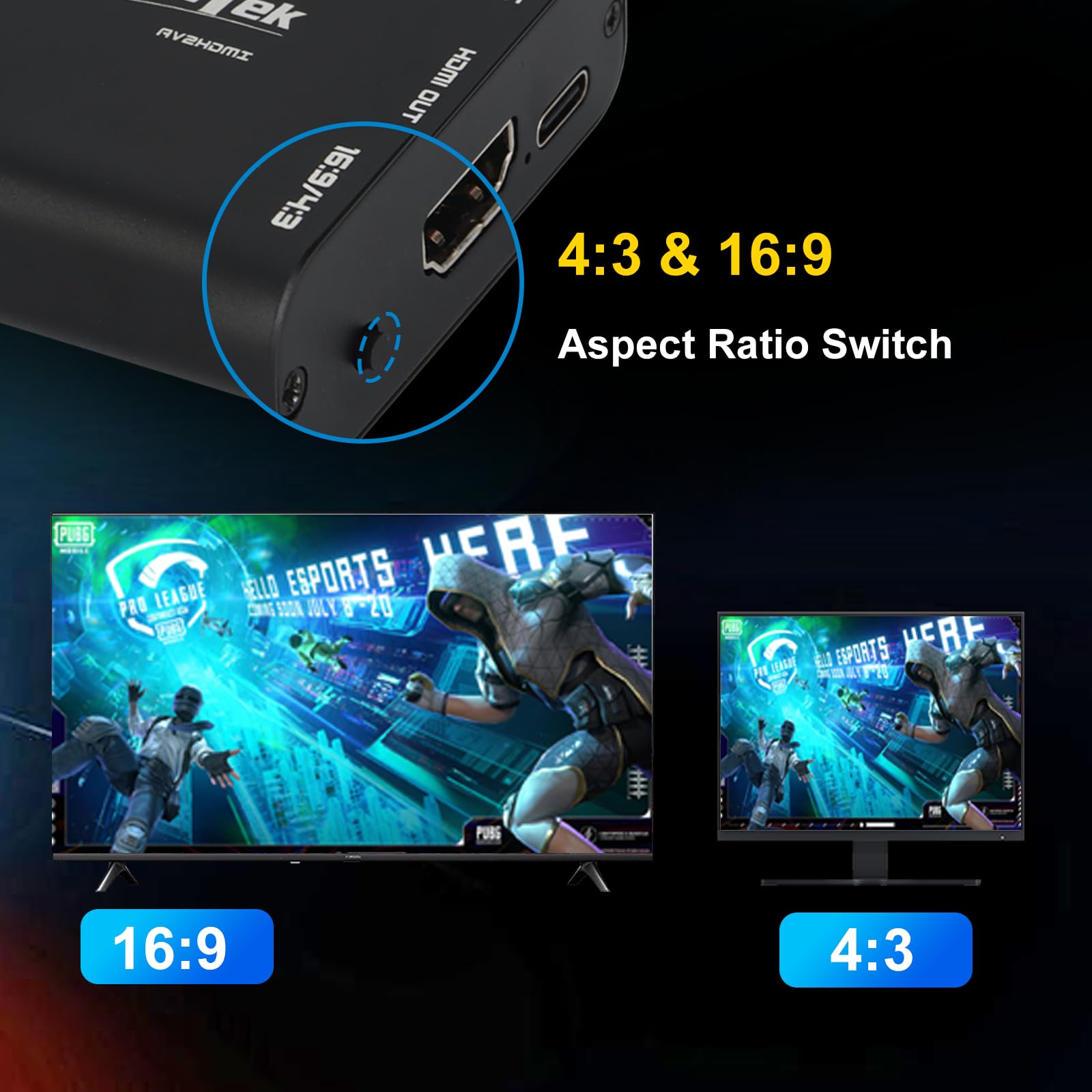 Convertidor AV/RCA/CVBS a HDMI, sin latencia para Juegos, Plug & Play, Aluminio Duradero, Switch 4:3/16:9, alimentación Tipo C, Compatible con Wii, N64, PS, SNES, DVD, VHS, VCR y PC.