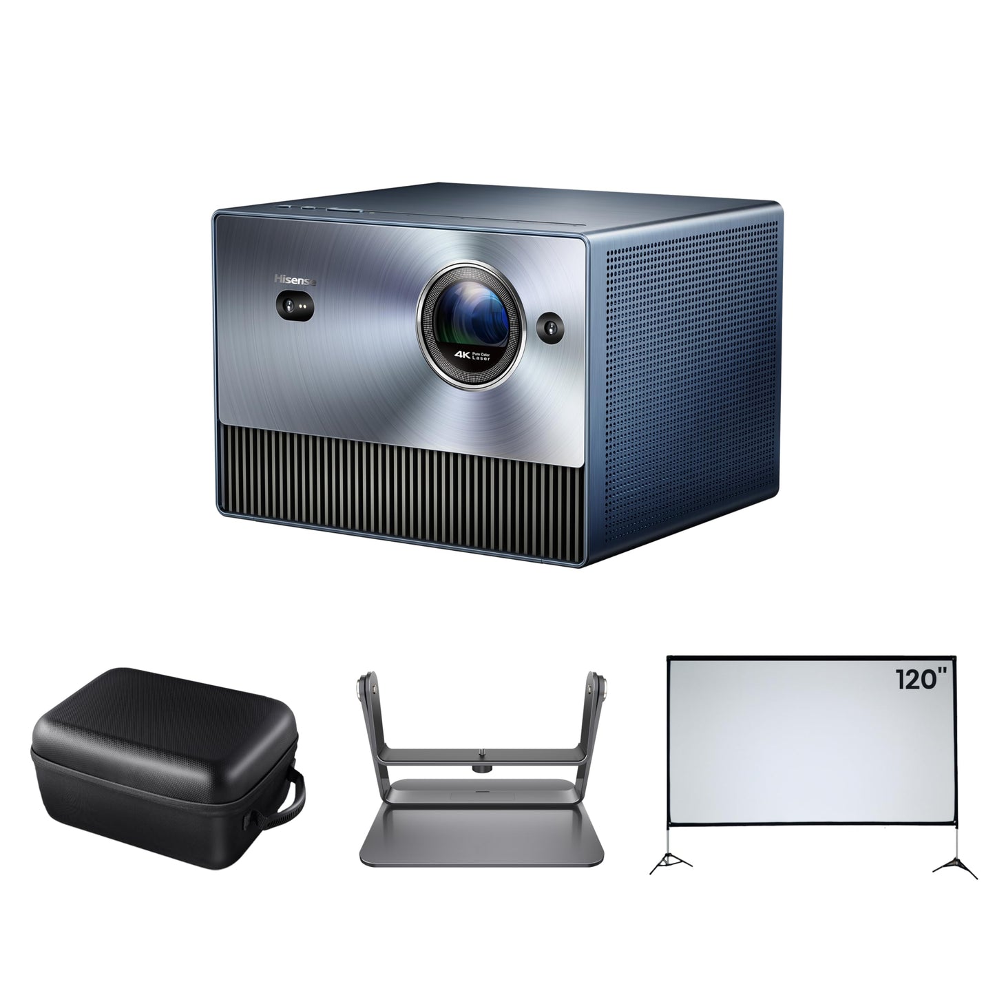 Hisense Paquete C1, pantalla para exteriores de 120", estuche de transporte, estabilizador incluido, proyector portátil láser triple 4K UHD, hasta 300", sistema operativo inteligente, Dolby Vision HDR