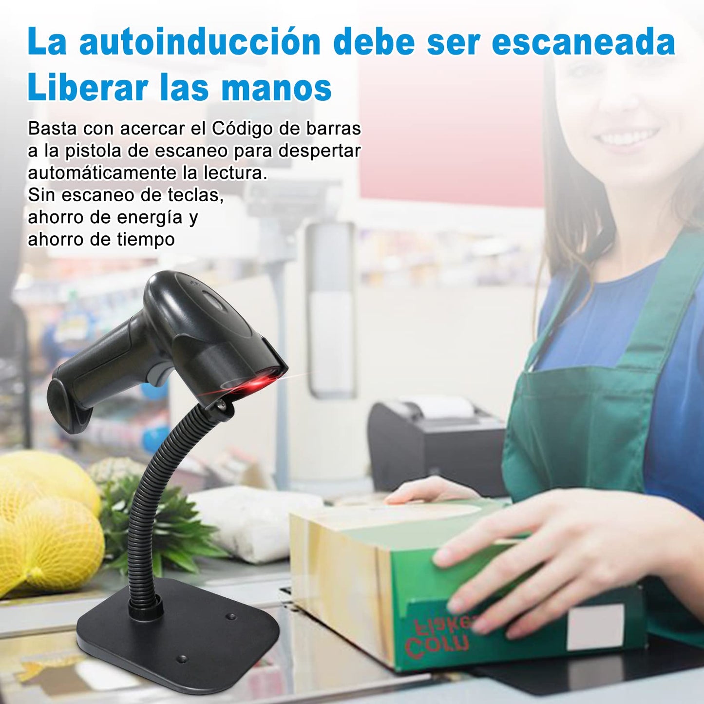 Escáner de Código de Barras Inalámbrico y Alámbrico con USB para Puntos de Venta con Soporte