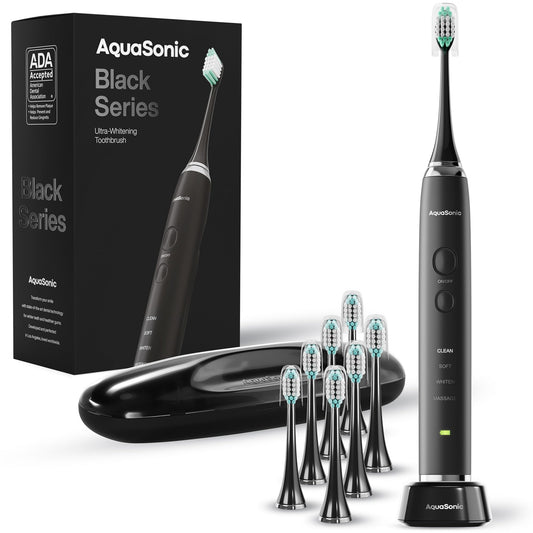 AquaSonic Black Series Cepillo de dientes Ultra Blanqueador - Cepillo de dientes Recargable Aceptado ADA - 8 cabezales de cepillo y estuche de viaje - Motor Ultra Sonic y carga inalámbrica - 4 modos w Temporizador inteligente - Sonic Electric