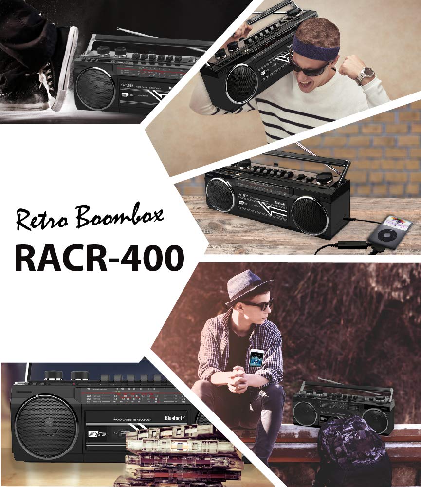 Boombox Bluetooth Retro Riptunes Negro Reproductor de Casete y Radio AM/FM/SW-1-SW2