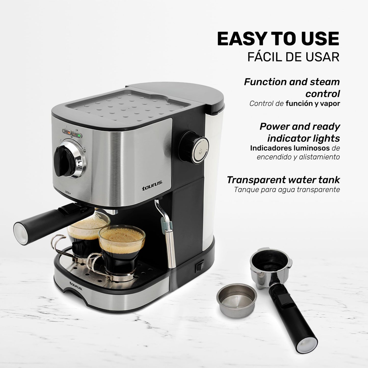 Cafetera TAURUS EUFORIA Acero Inoxidable 20 Bares con Espumador de Leche y Control de Vapor