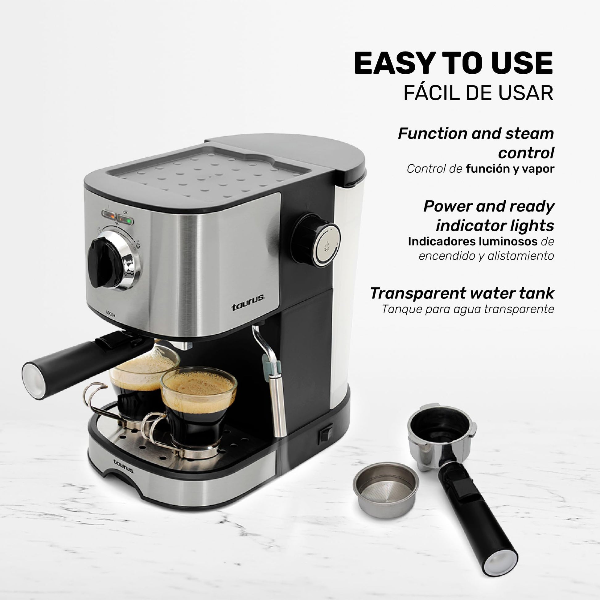 Cafetera TAURUS EUFORIA Acero Inoxidable 20 Bares con Espumador de Leche y Control de Vapor