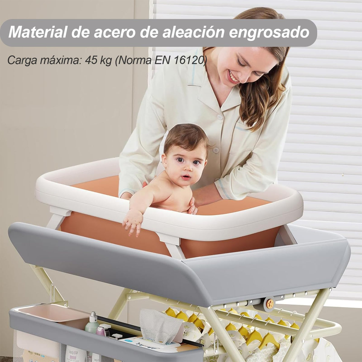HTERETTW Mueble Cambiador para Bebe Impermeable Portátil, Plegable Cambiador de Pañal para Bebe Con 5 niveles de ajuste de altura con Almacenamiento XXL, Portajuguetes Integrado, Ruedas Silenciosas.