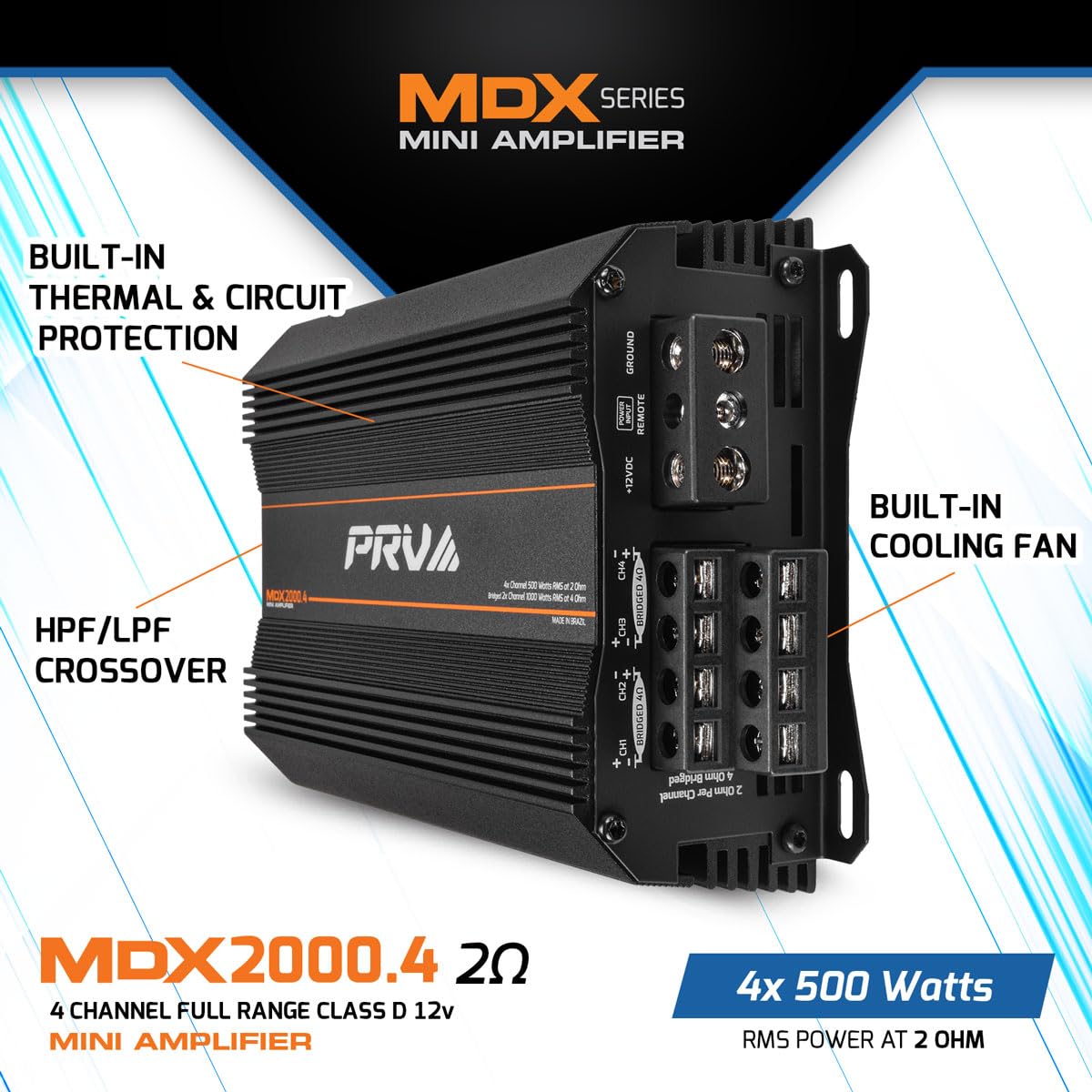 Amplificador de Audio para Coche PRV Audio MDX2000.4 Negro 4 Canales 2000 Vatios para Deportes de Potencia y Motocicletas