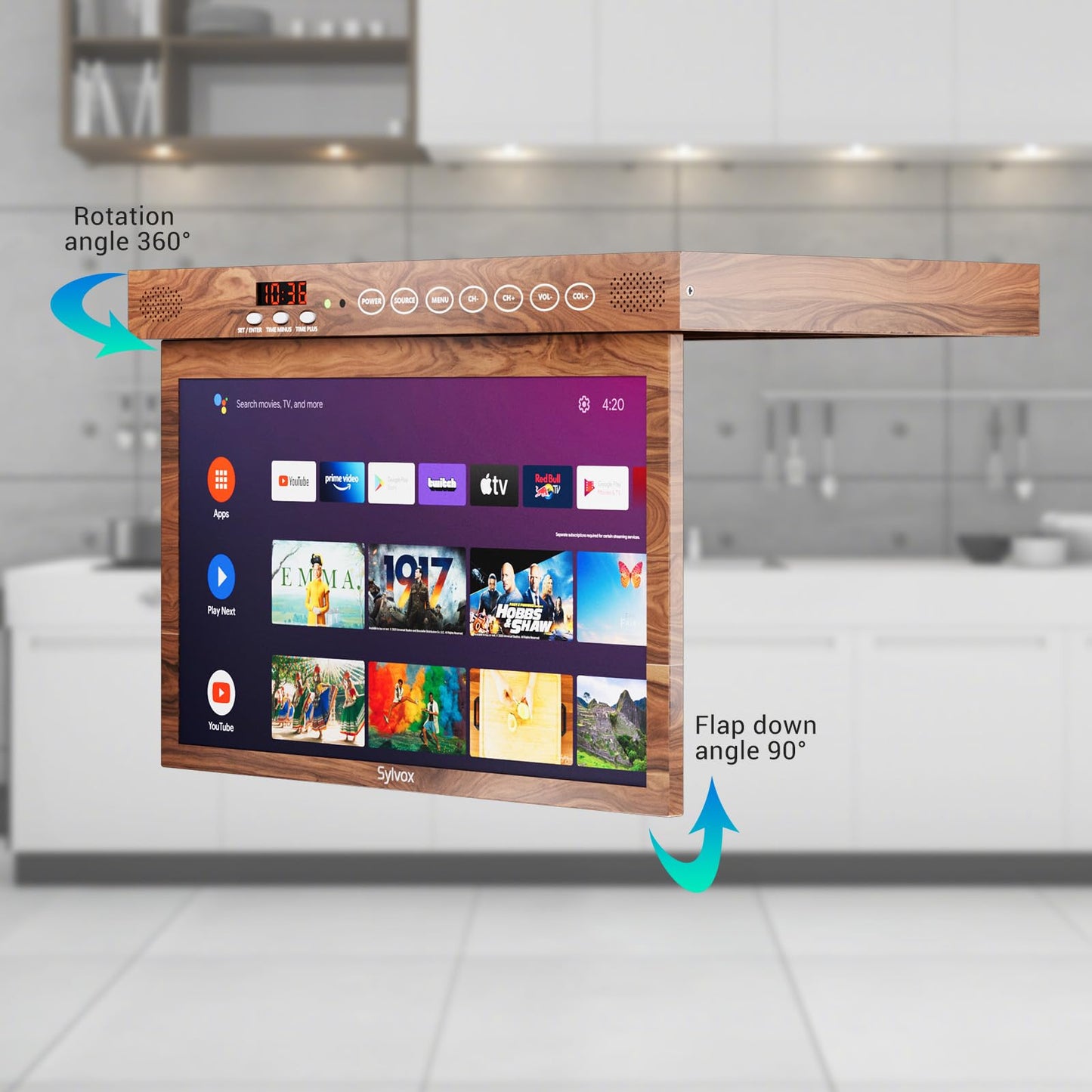 Televisor Inteligente SYLVOX Grano de Madera con Rotación de 360° y Diseño Compacto para Cocina, Recámara o RV