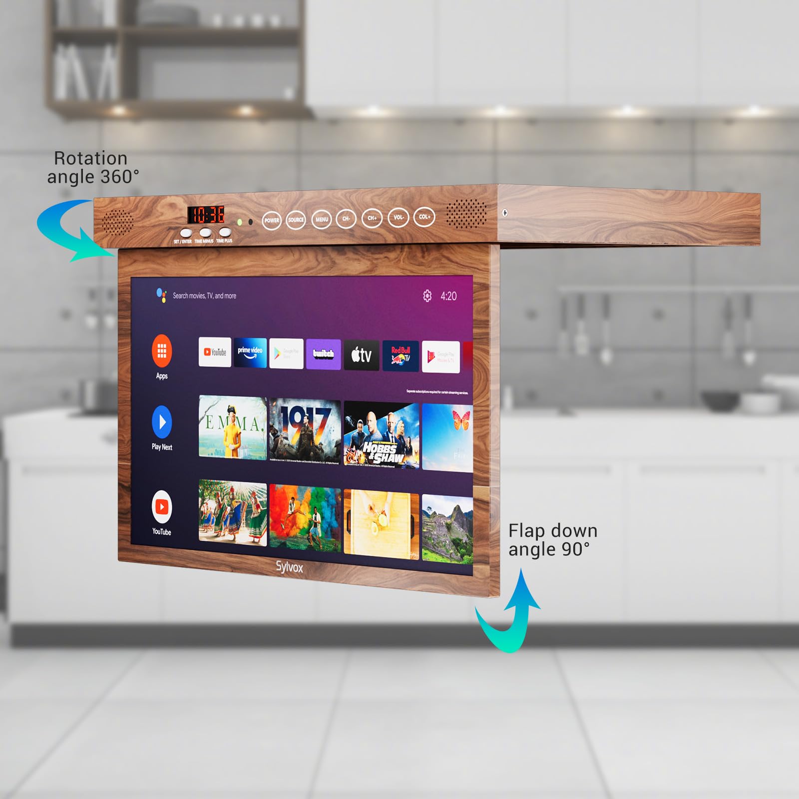 Televisor Inteligente SYLVOX Grano de Madera con Rotación de 360° y Diseño Compacto para Cocina, Recámara o RV