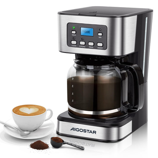 Aigostar Cafetera de goteo, Pantalla LCD, Filtro Reutilizable, Programable, Función Auto Limpieza (Descalcificación), Capacidad 1,8L(12 tazas), Función Mantener Caliente. Sin BPA