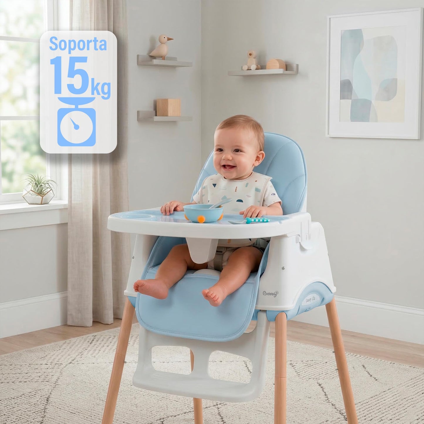 BEBBLY Silla Alta para Bebé con Patas de Madera Antiderrapante Asiento Ergonómico con Charola y Arnés de Seguridad Ideal para Comer o Jugar Niños y Niñas desde 6 Meses Moderna y Fácil de Limpiar (Azul)