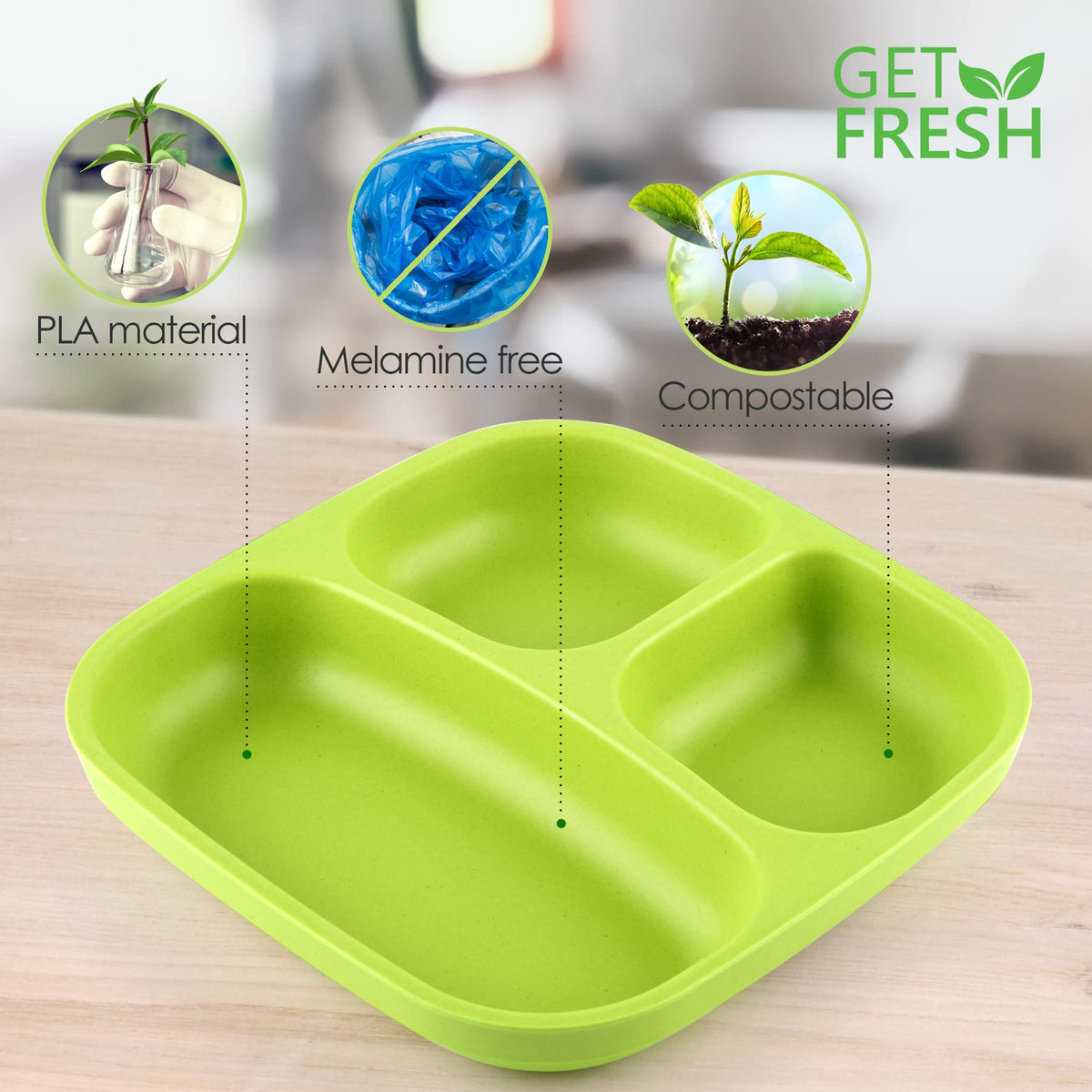 Get Fresh Juego de platos para niños divididos PLA - 2 platos infantiles sin melamina aptos para microondas - Vajilla infantil apilable sin BPA - Platos reutilizables aptos para lavavajillas para