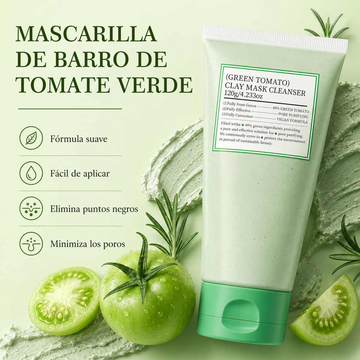 2PCS Green Tomato Clay Mask, Mascarilla de Arcilla de Tomate Verde para Cara, Limpieza Facial Profunda y Minimización de Poros, Hidratante, Para Todo Tipo de Piel (con Cuchara)