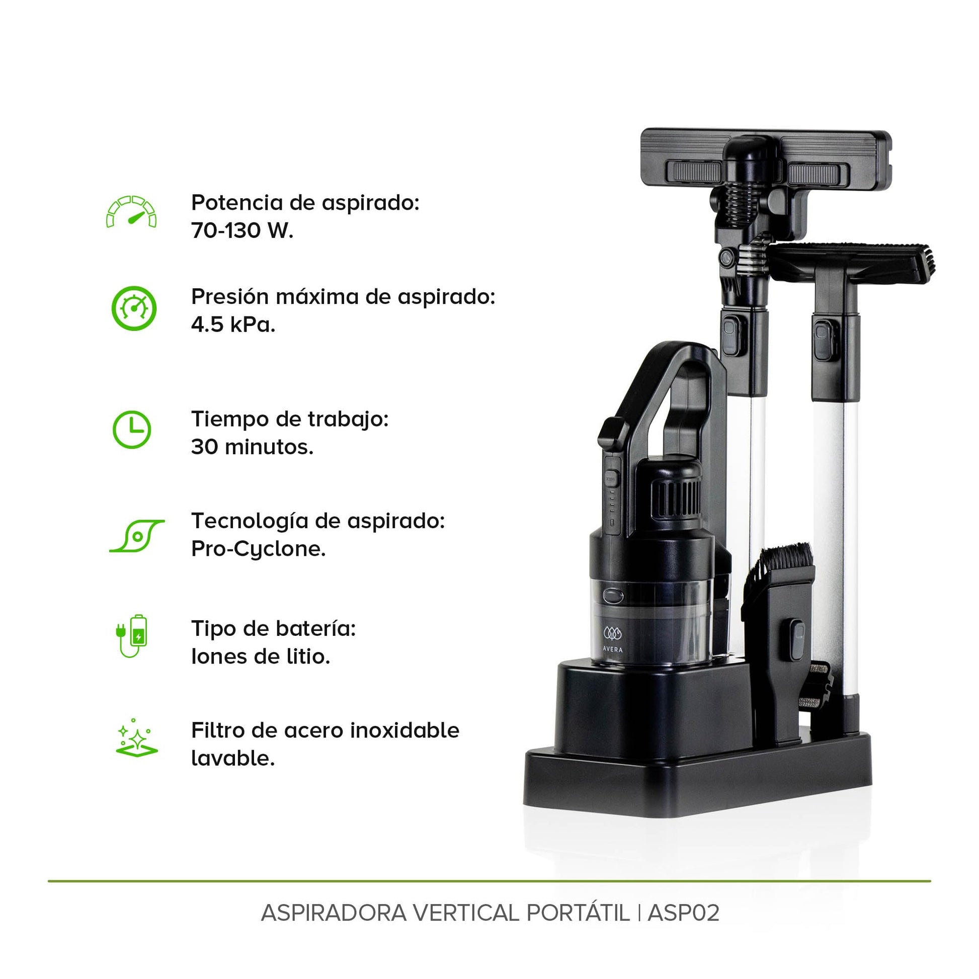 Aspiradora Vertical Inalambrica 3 en 1, Sistema Pro Cyclone, Bateria 2000 mAh, con Filtro de Acero Inoxidable Lavable, Sin Filtros, Incluye 6 cepillos | AVERA ASP02