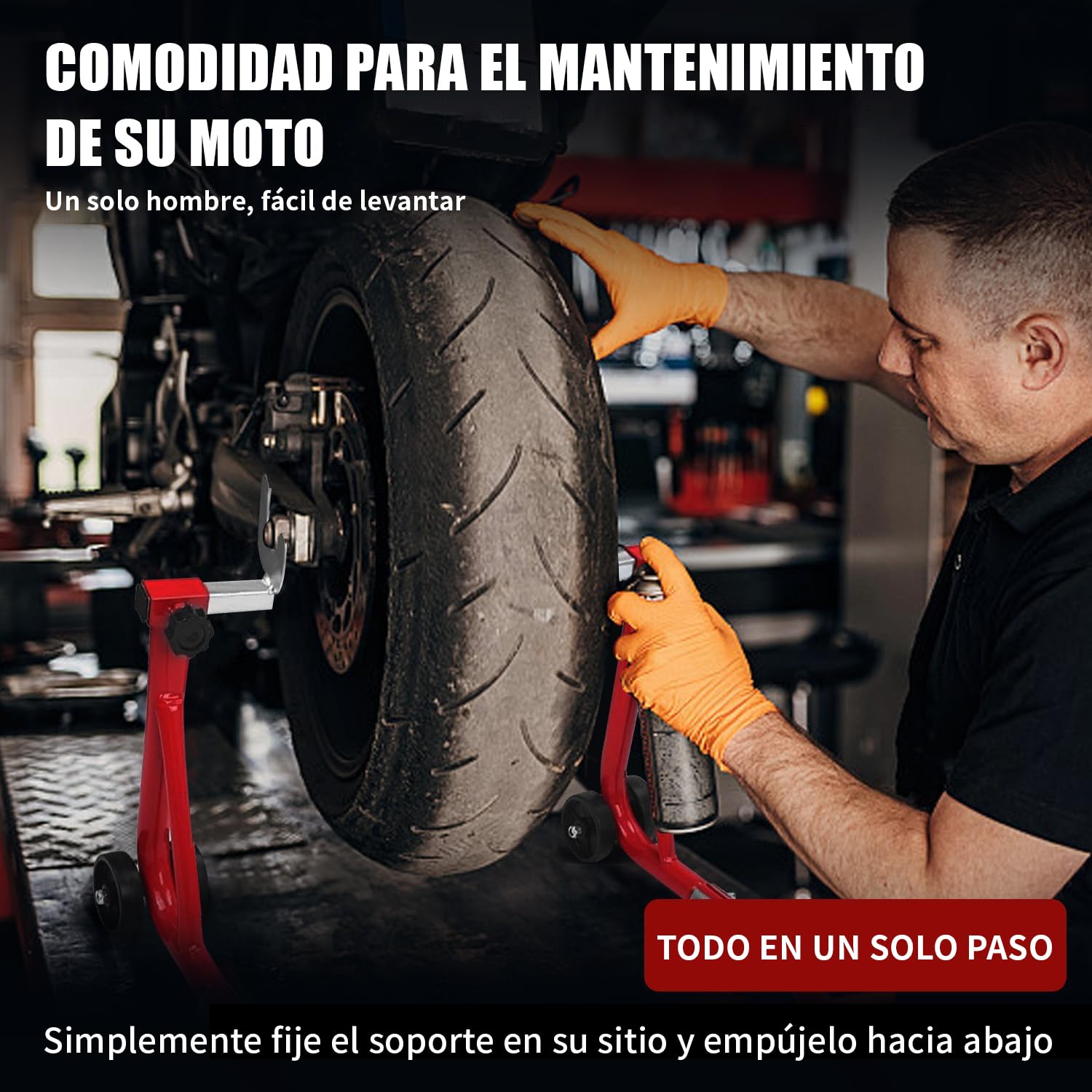 BOBOJIIIER Soporte Trasero para Motocicleta, Soporte de Elevación de Rueda Trasera, Moto Gato, Soporta Hasta 450 KG con Ruedas, Rojo, L