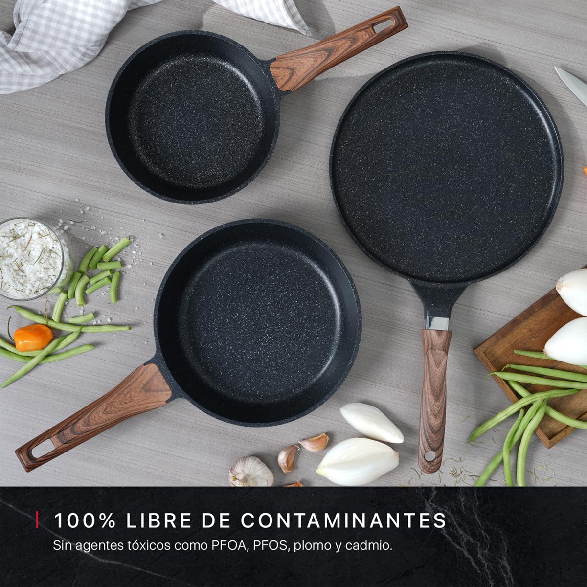 Cookify Set de 3 piezas (Sarten 20 y 24 cm y Crepera 28 cm) Antiadherente de Mármol (Negro)