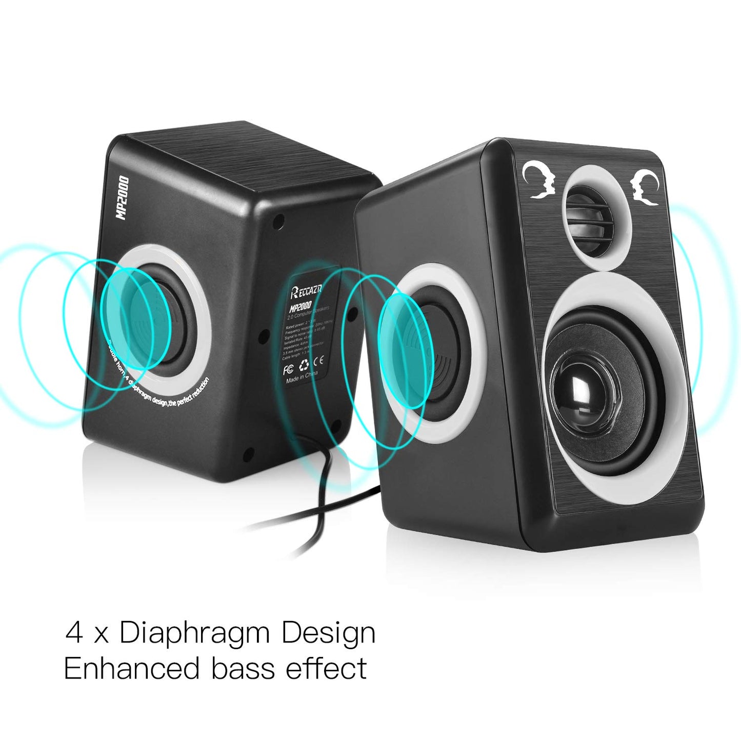 RECCAZR - Altavoces de computadora con sonido envolvente de 2 canales USB con cable para computadora de computadora/TV/PC/portátiles/teléfono inteligente, diafragma integrado de cuatro altavoces