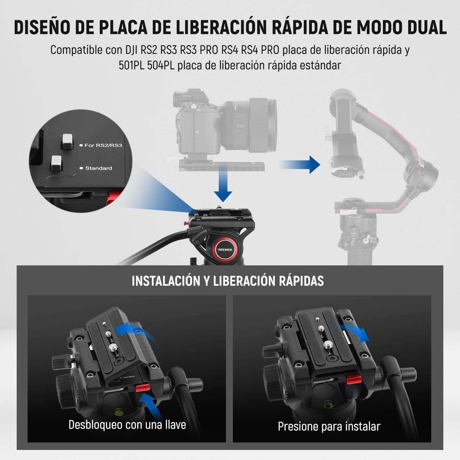 Trípode para Cámara NEEWER Aluminio 76 Pulgadas Cabezal Fluido Amortiguación Ajustable