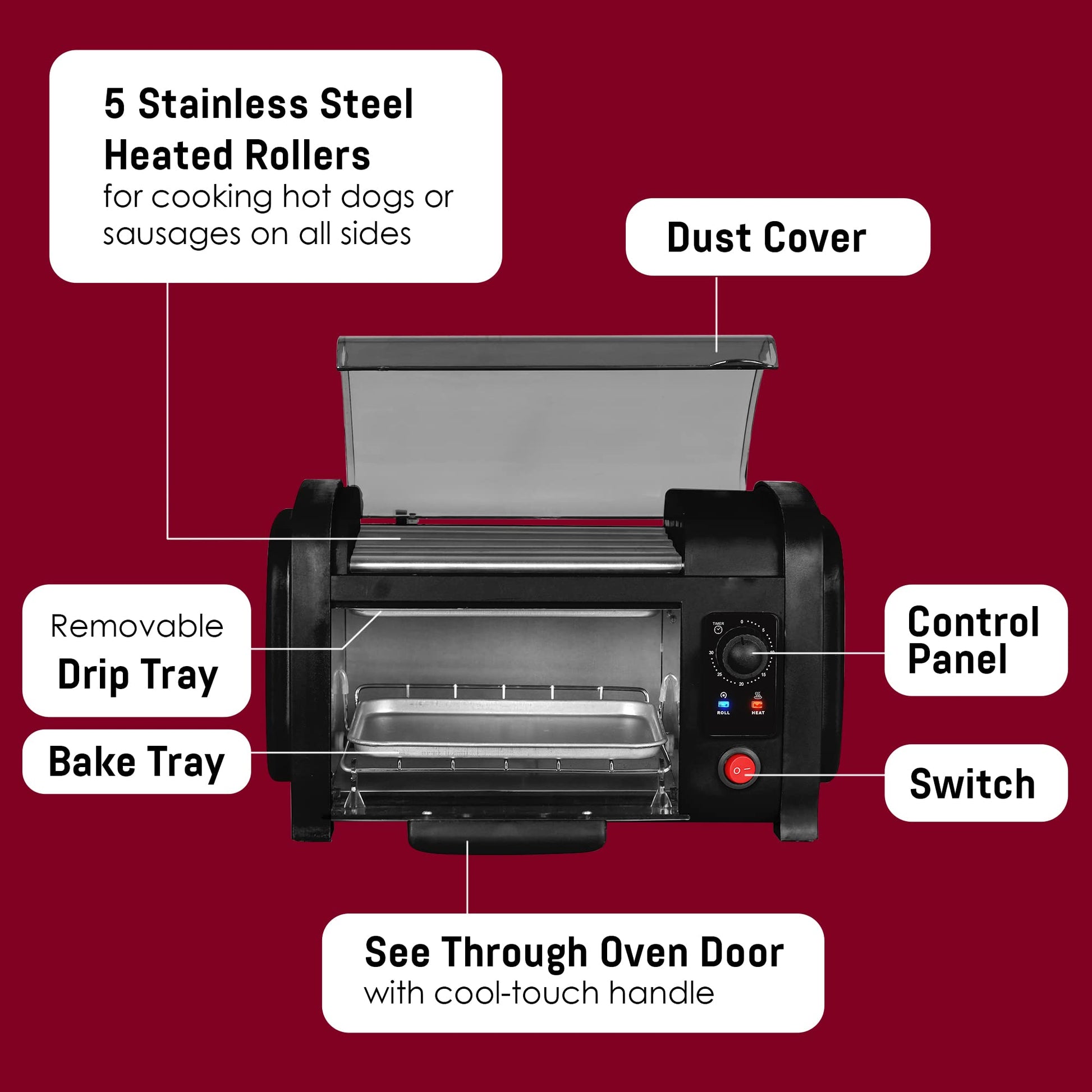 Elite Gourmet EHD-051B - Horno tostador para perros calientes, temporizador de 30 minutos, rodillos de calor de acero inoxidable, charola para hornear y migas, béisbol de la serie mundial, capacidad