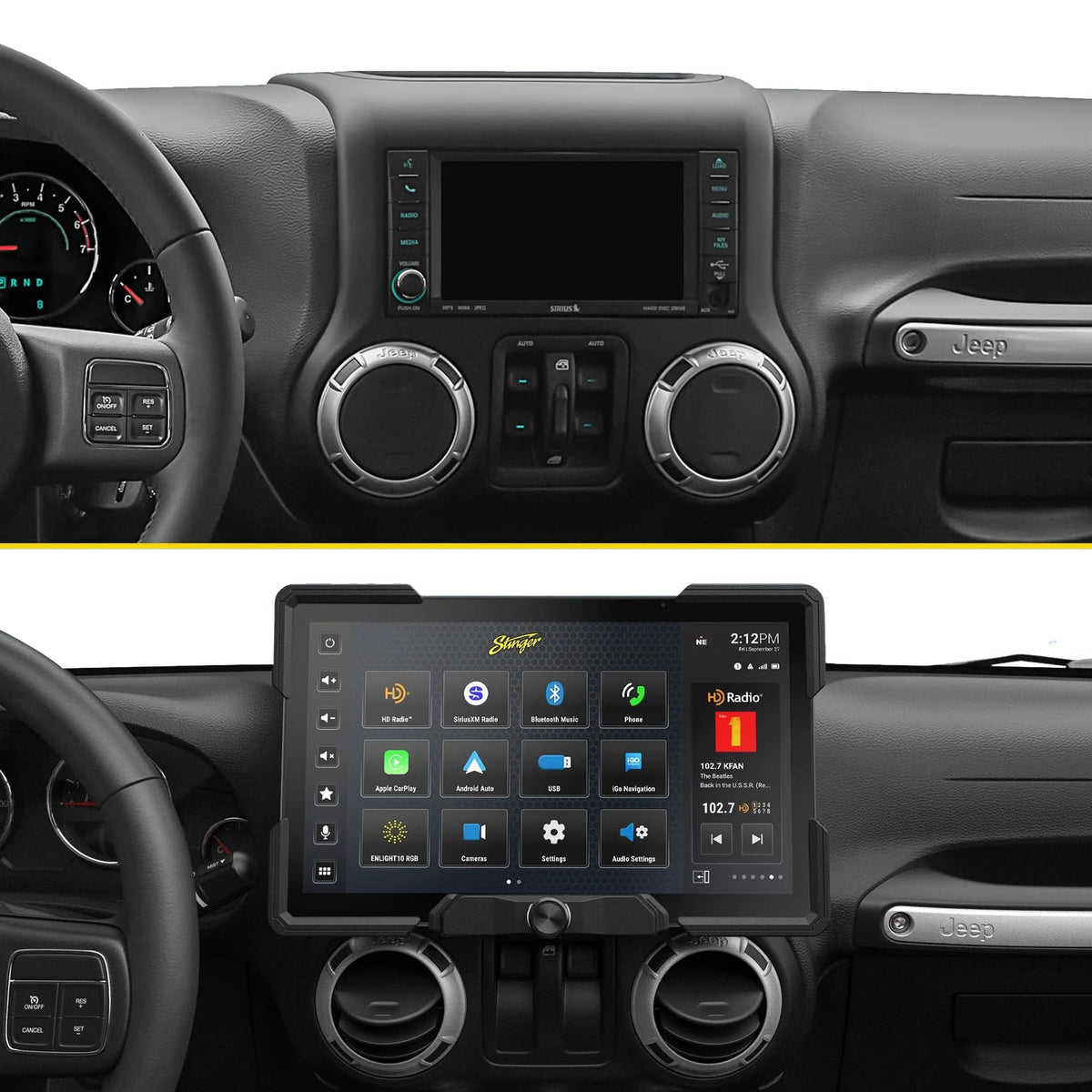 Estéreo Touchscreen Stinger HORIZON12 Negro con CarPlay y Auto para Wrangler JK (2011-18)