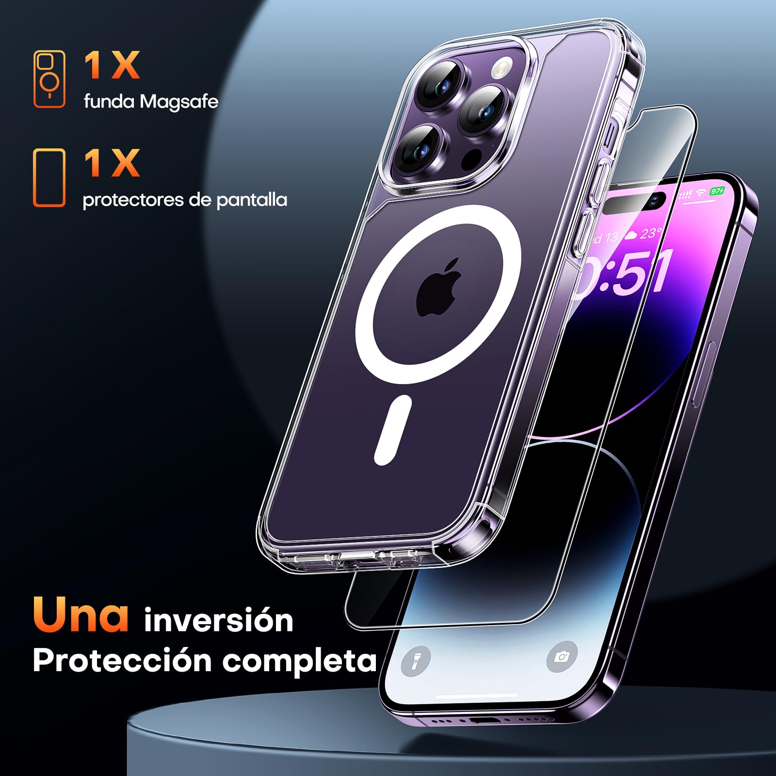 TAURI Funda Magnética para iPhone 14 Pro MAX 6.7" con Protector de Pantalla Vidrio Templado, Compatible con MagSafe, [No se Amarillea] Protección Según la Norma Militar Carcasa - Transparente