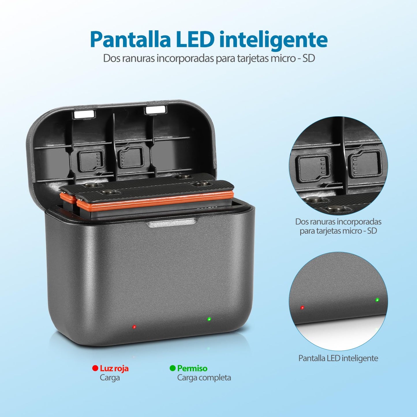 Batería PHTEGI Insta360 X3 1800mAh azul con Hub de Cargador rápido y Ranuras para Tarjetas SD