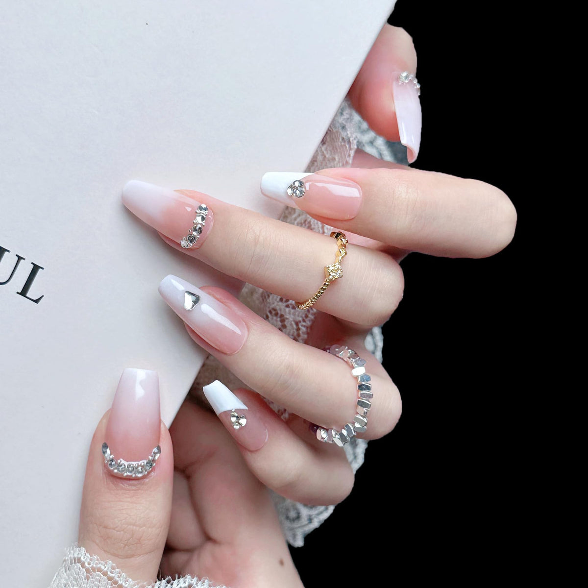 PHYLIN LEAF Uñas Postizas De Presión Impress French, Tamaño Mediano, Forma Cuadrada De Ataúd, Manicura Con Cristales 3D Blancos Y Rosas (Talla S).