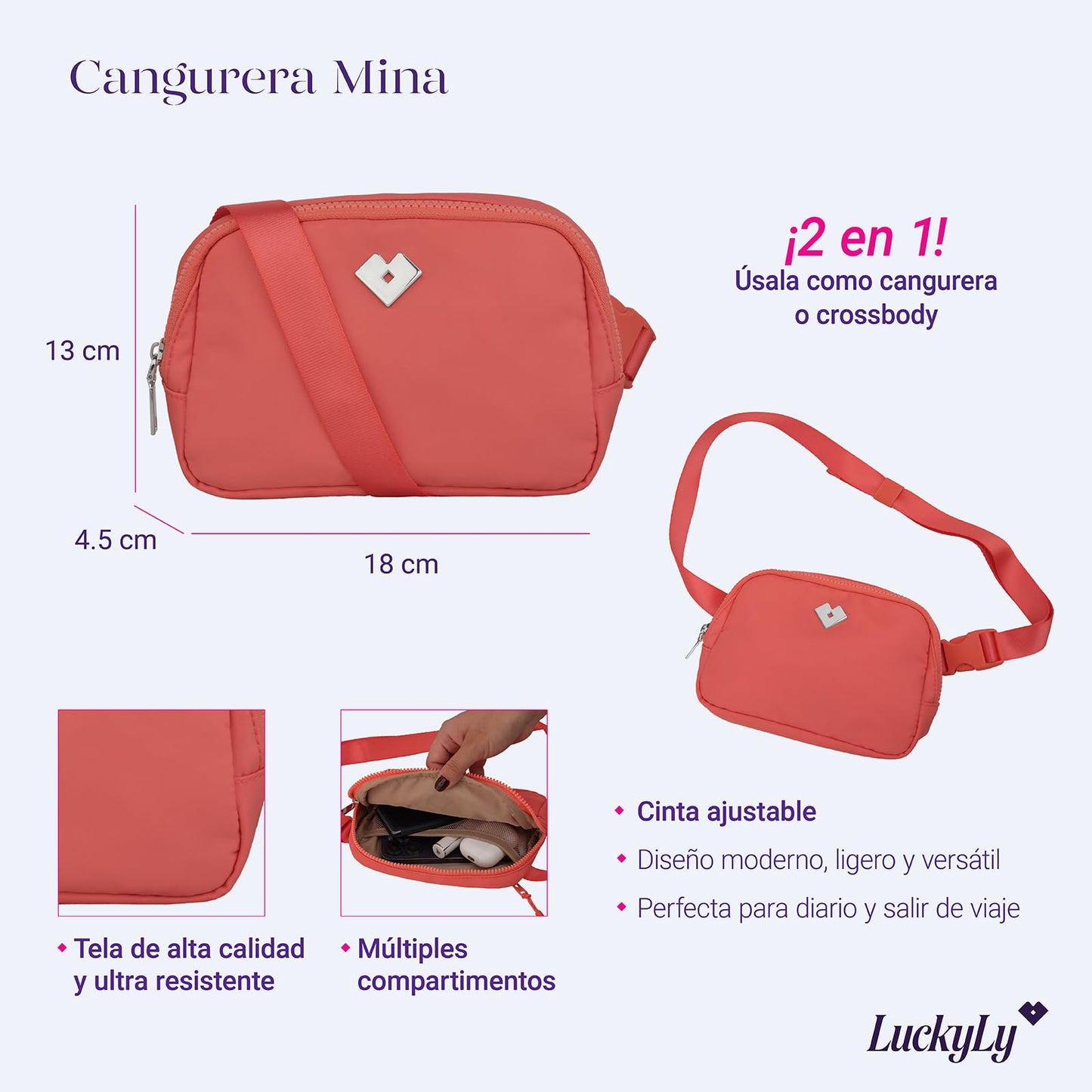 LuckyLy Cangurera para Mujer Deportiva y de Viaje, Bolsa Crossbody y Bandolera tipo Riñonera, Ligera, Repelente al Agua y con Múltiples Compartimentos, Regalos para Mujer y Mamá – Modelo Mina, Coral
