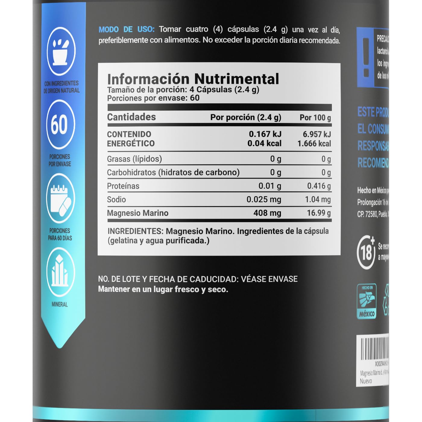 Magnesio Marino de 240 Cápsulas. Ingredientes naturales. Alta biodisponibilidad y absorción. Marine Mag B Life.