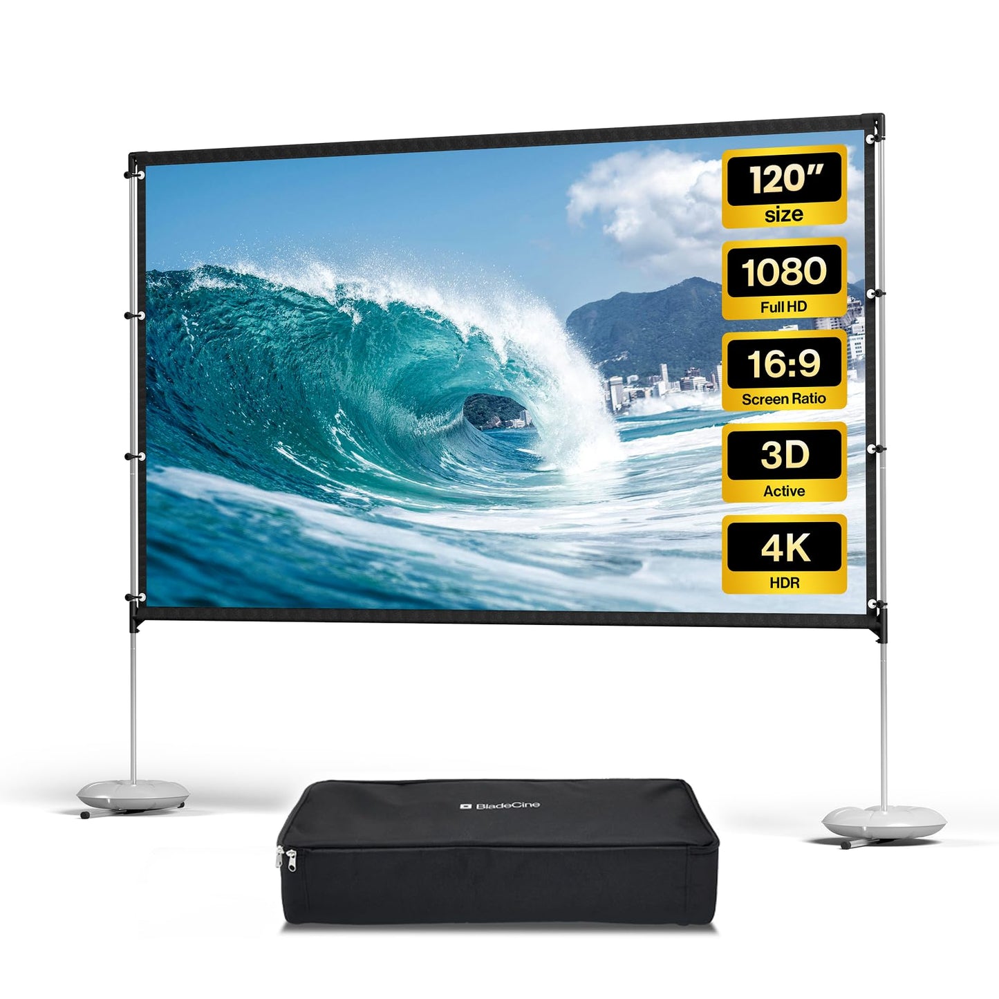 BladeCine- visualización de proyector portátil de 120 pulgadas para interiores y exteriores, visualización de proyector 16:9 4K HD sin arrugas, visualización de película ligera con bolsa de transporte