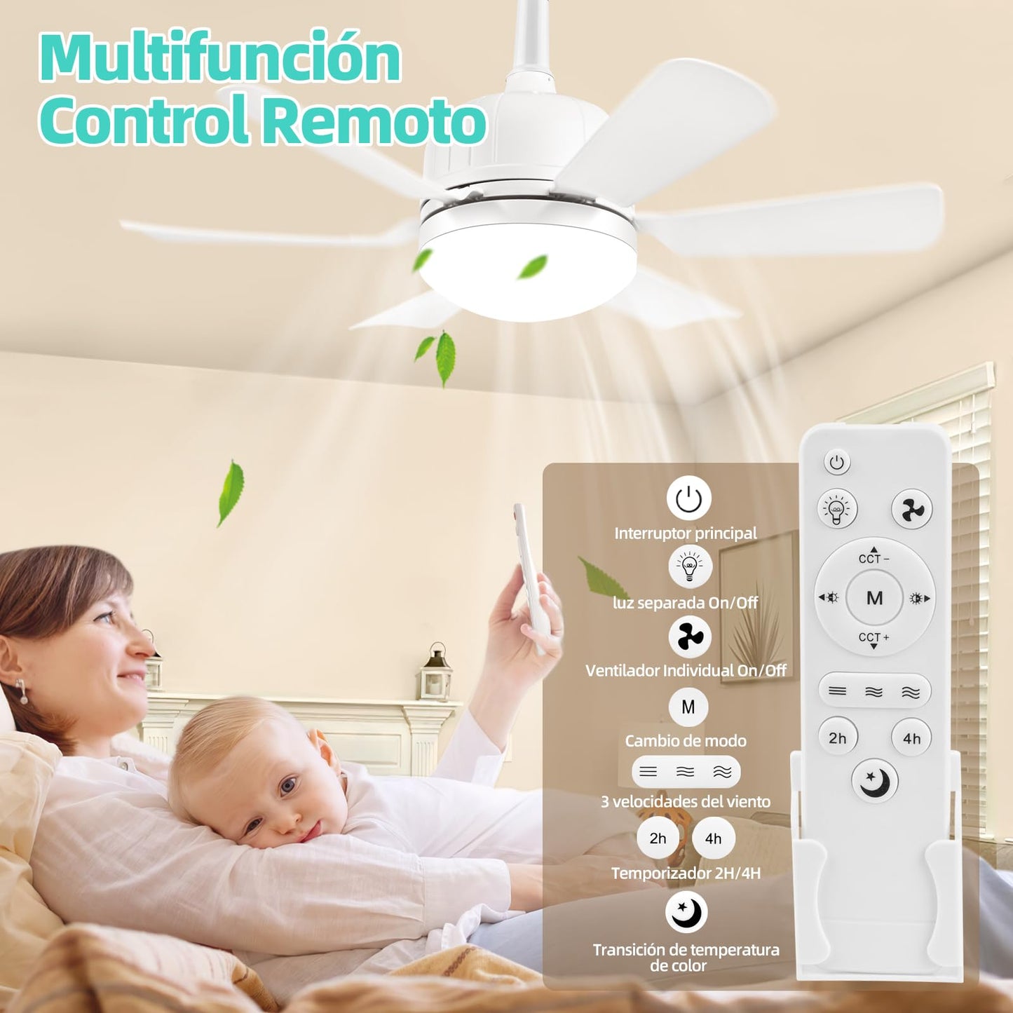 Ventilador de Techo con Luz Blanco Control Remoto Brillo Regulable 3000K-6500K 40W Tres Velocidades