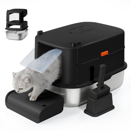 Aupures - Caja de arena de acero inoxidable con tapa – Caja de arena para gatos cubierta extraíble XL con solapa de puerta, caja de arena de metal extragrande con lados altos, cuchara de arena –