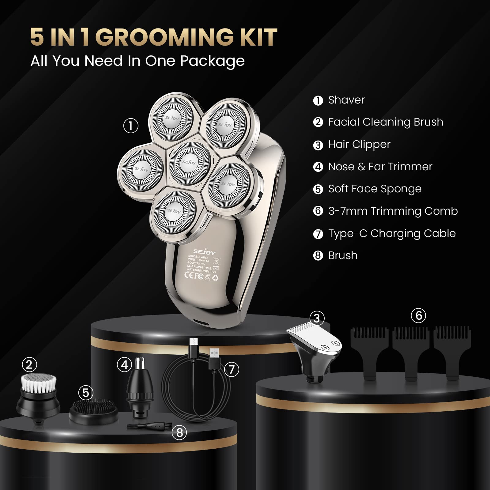 Maquinilla de afeitar eléctrica para hombres calvos, afeitadoras de cabeza calva para hombres 5 en 1 multifuncional 6D afeitadora eléctrica impermeable recharageable kit de aseo