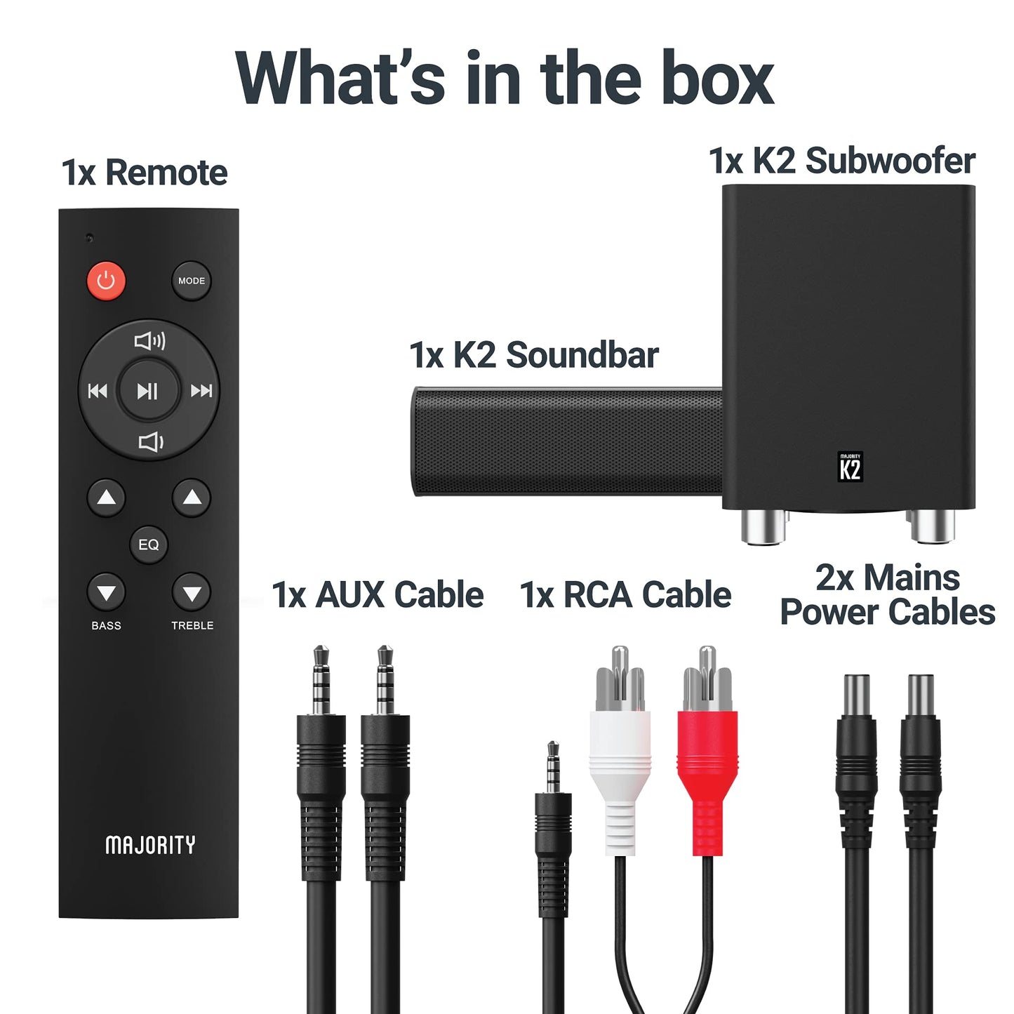 Majority K2 - Barra de sonido con subwoofer | 150 W potente barra de sonido estéreo de 2.1 canales para TV | Sonido envolvente 3D de cine en casa I HDMI ARC, Bluetooth, conexión óptica y RCA I USB y