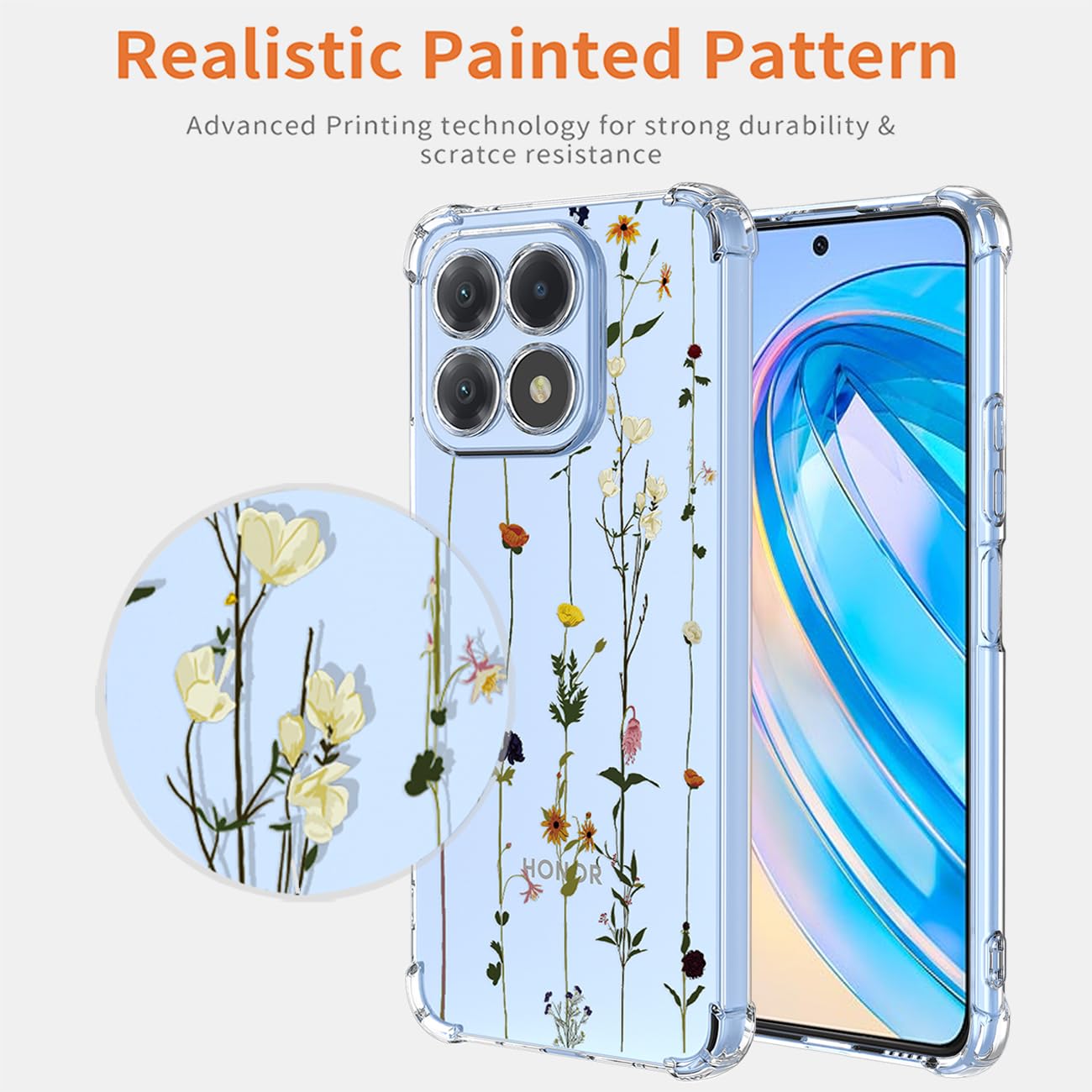 GTBDEKI - Funda para teléfono de honor X8A, funda CRT-LX1 con protector de visualización, funda transparente con patrones de jardín de flores para honor X8A floral Garden