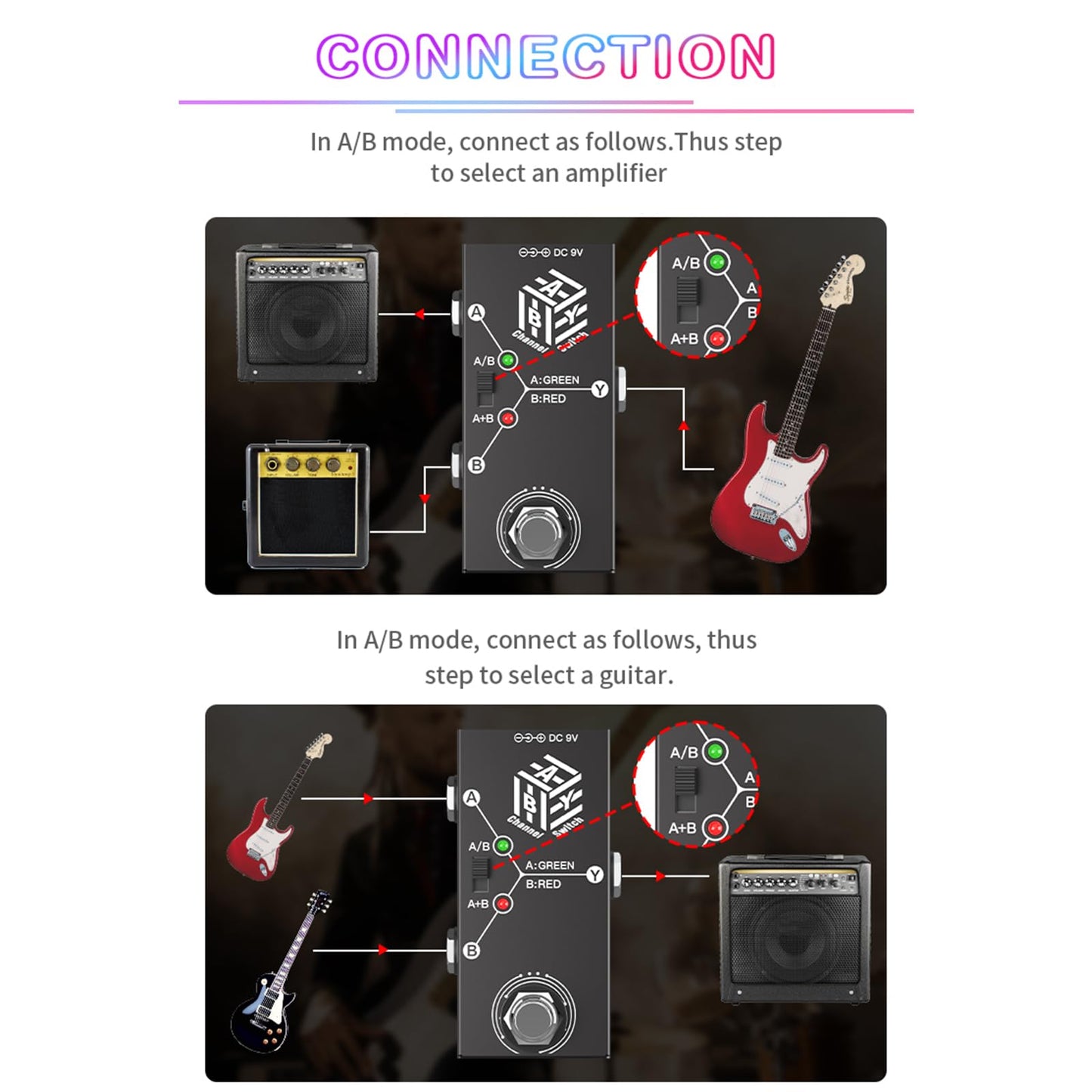 BUZHI Pedales de guitarra ABY Box Selector de línea AB Switch Mini pedal de efecto de guitarra Transmisión bidireccional Carcasa de metal Soporte antideslizante Modos A/B o A y B