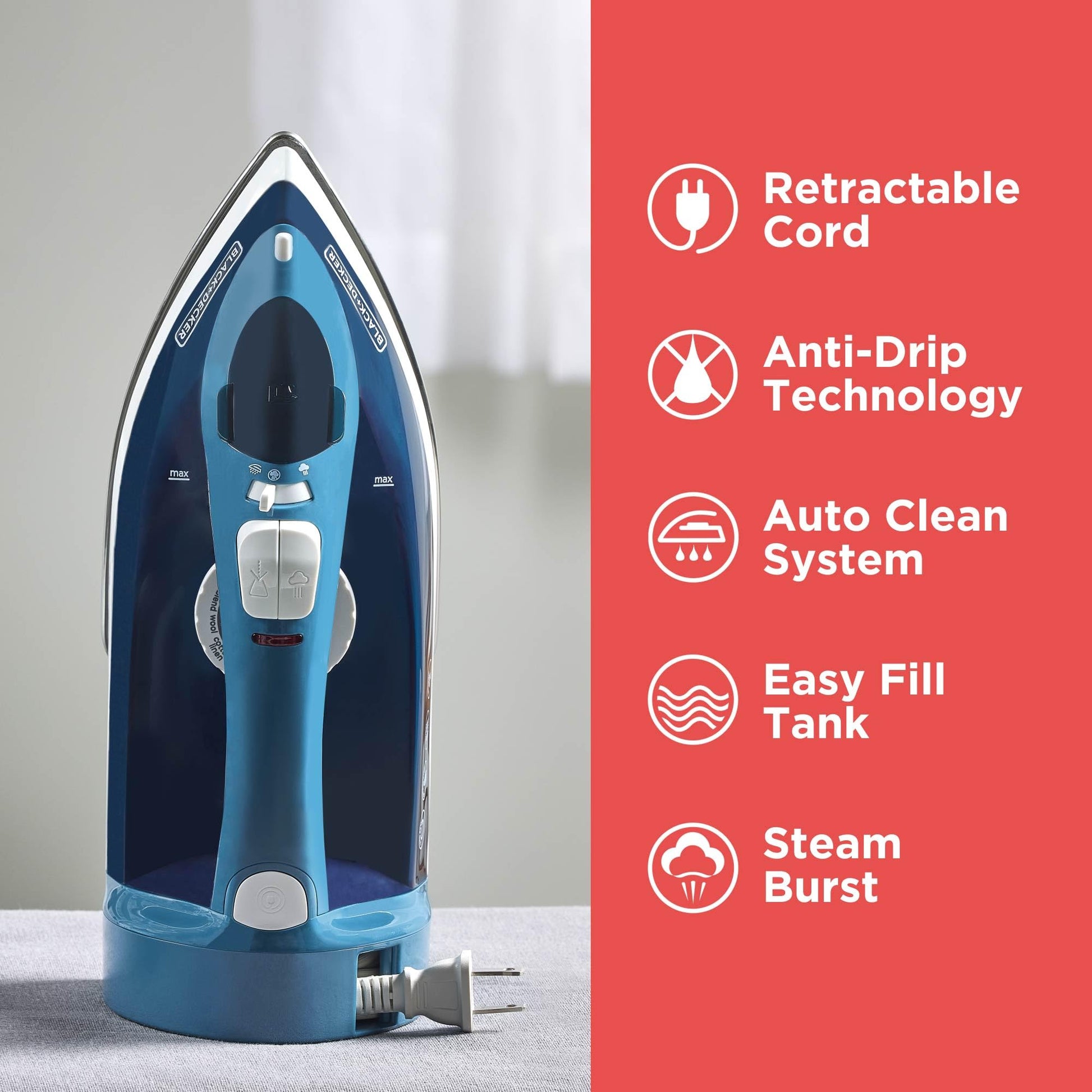 BLACK+DECKER - Plancha de vapor para ropa con cable retráctil, vapor vertical, diseño antigoteo, niebla de pulverización y botón de limpieza automática, 1200 W