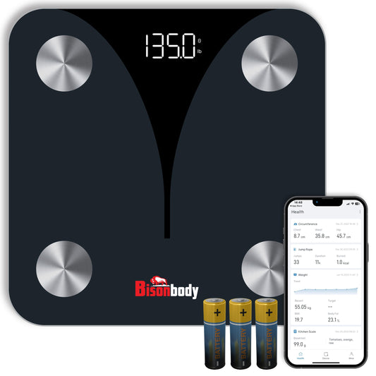 Bisonbody EssentiaMetrics Smart Scale – Detects 20 Body Composition Metrics Including Weight, BMI, Body Fat, and much more – Connects to Smartphone App – Supports 8 Users – Digital Family Scale
