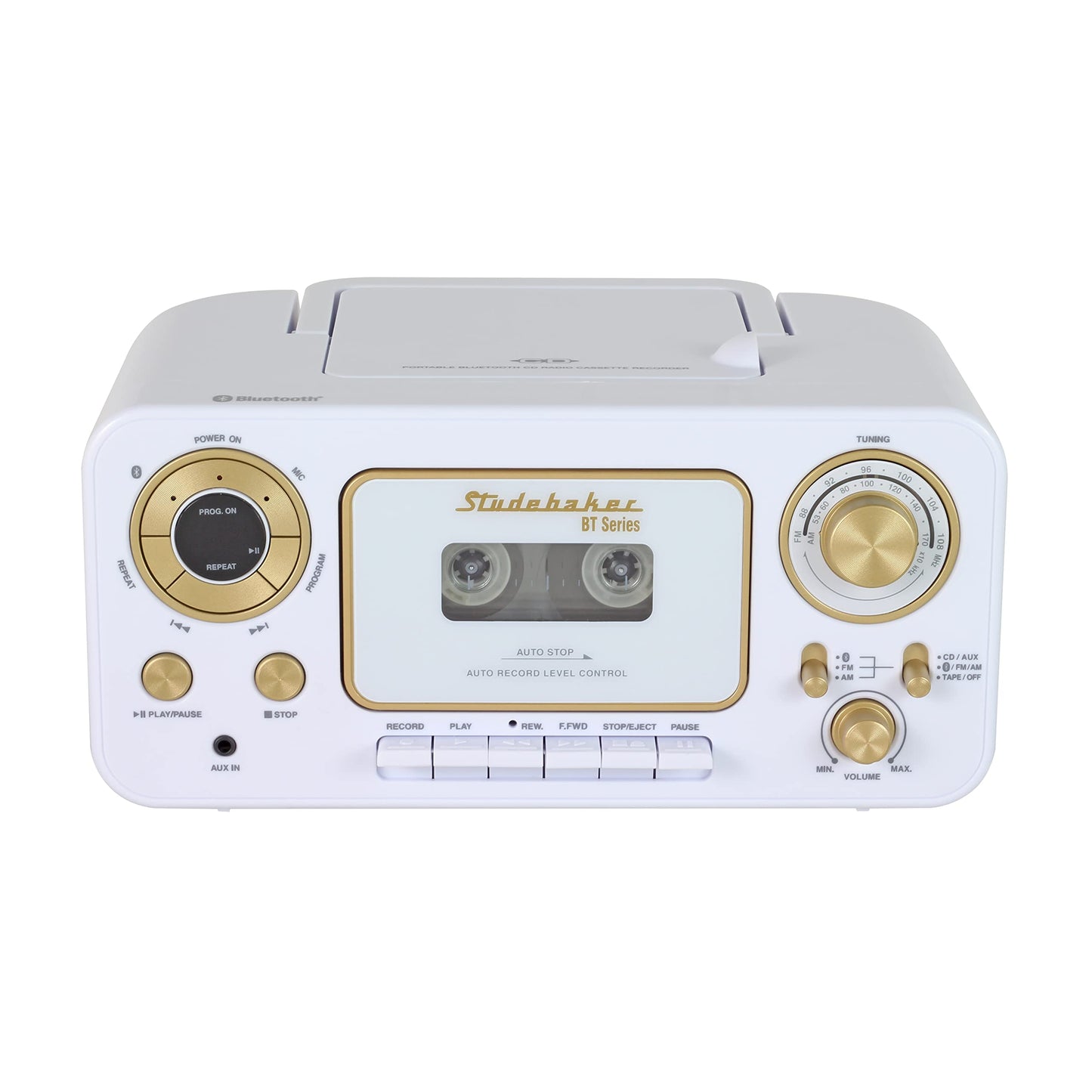 Studebaker CD estéreo portátil Bluetooth, radio estéreo AM/FM y reproductor de cassette/grabadora (blanco y dorado)