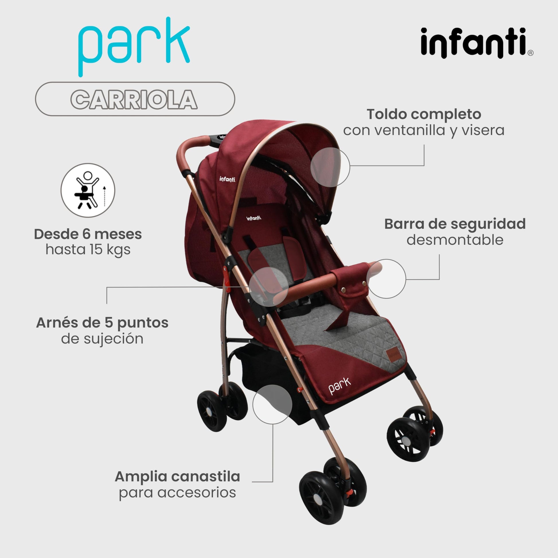 INFANTI | Carriola para Bebe con Mosquitero PARK | Carreola con Portabebé - Carriola de Viaje - Carrito para Bebe | Charola Barra de Seguridad Desmontable | Cosas para Bebes 6 Meses hasta 15 kg