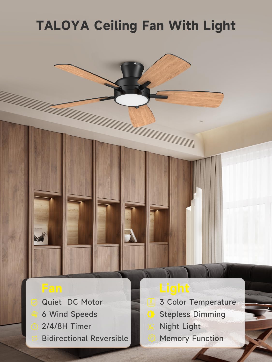 Ventilador de Techo TALOYA negro de 46 Pulgadas con Luz y Control Remoto Regulable para Dormitorio
