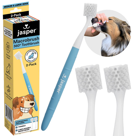 Jasper Macrobrush 360º, cepillo de dientes para perros medianos a grandes, kit de cepillo de dientes de perro de cerdas blandas, mango antideslizante premium con 2 cabezales de cepillo de dientes