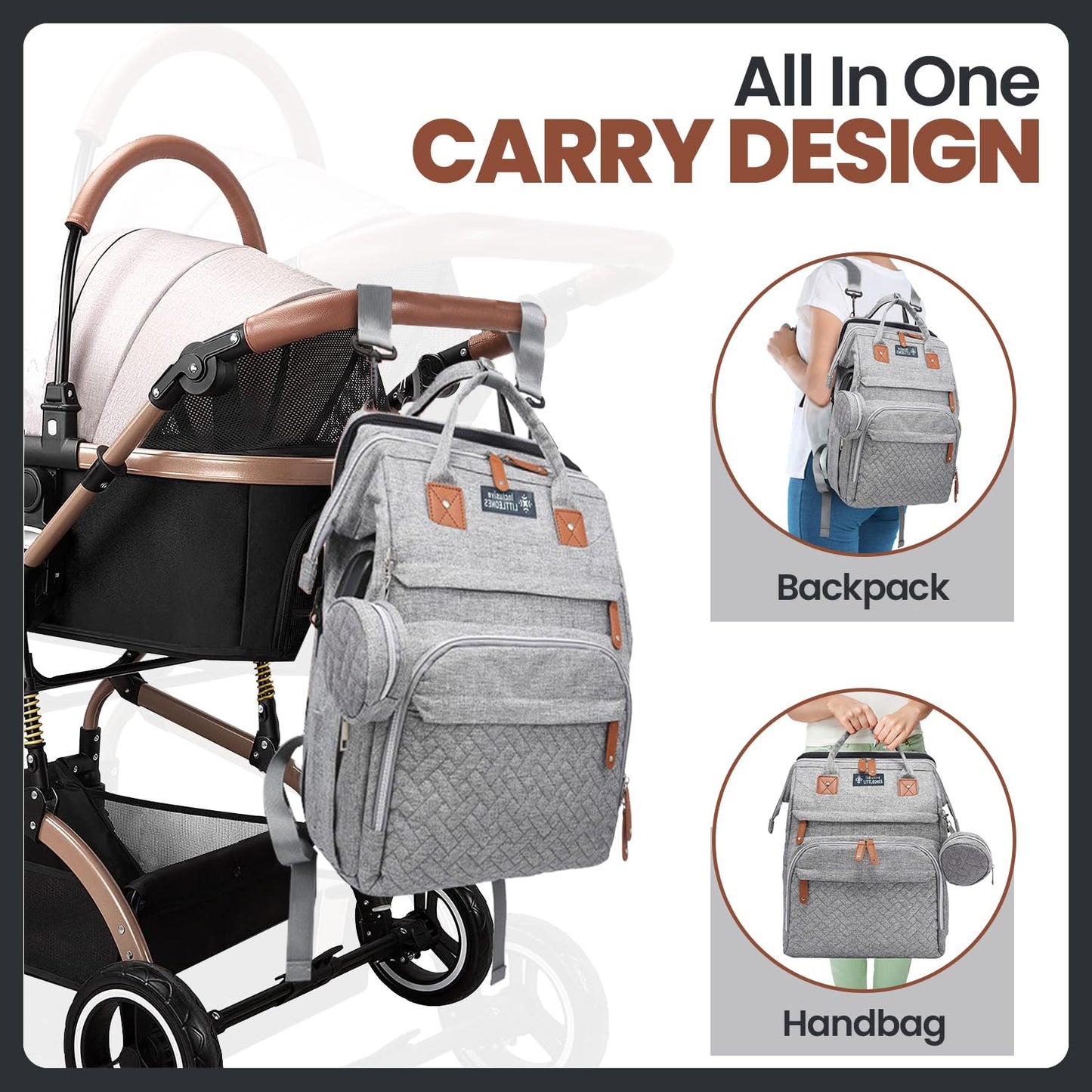Inclusive LittleOnes - Mochila para pañales para bebé, almohadilla para cambiar, gran capacidad, puerto USB, funda para chupete, mosquitero y bolsa de toallitas | Elegante bolsa de viaje para niños