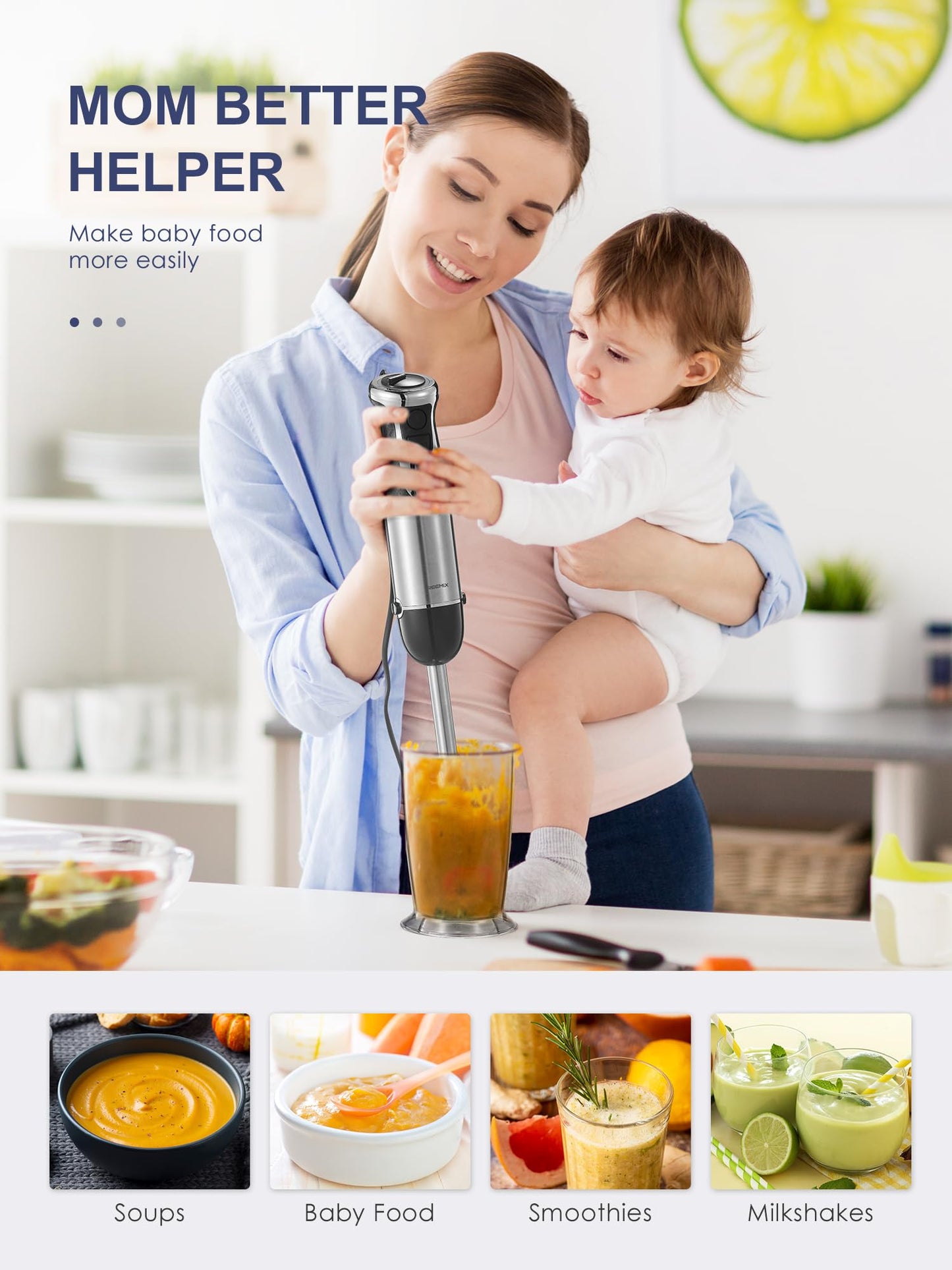 Licuadora de inmersión manual 5 en 1, de mano de 1000 W, con motor de cobre, barra de hoja de acero inoxidable, vaso de mezcla, procesador de alimentos, batidor, espumador de leche para batidos, puré