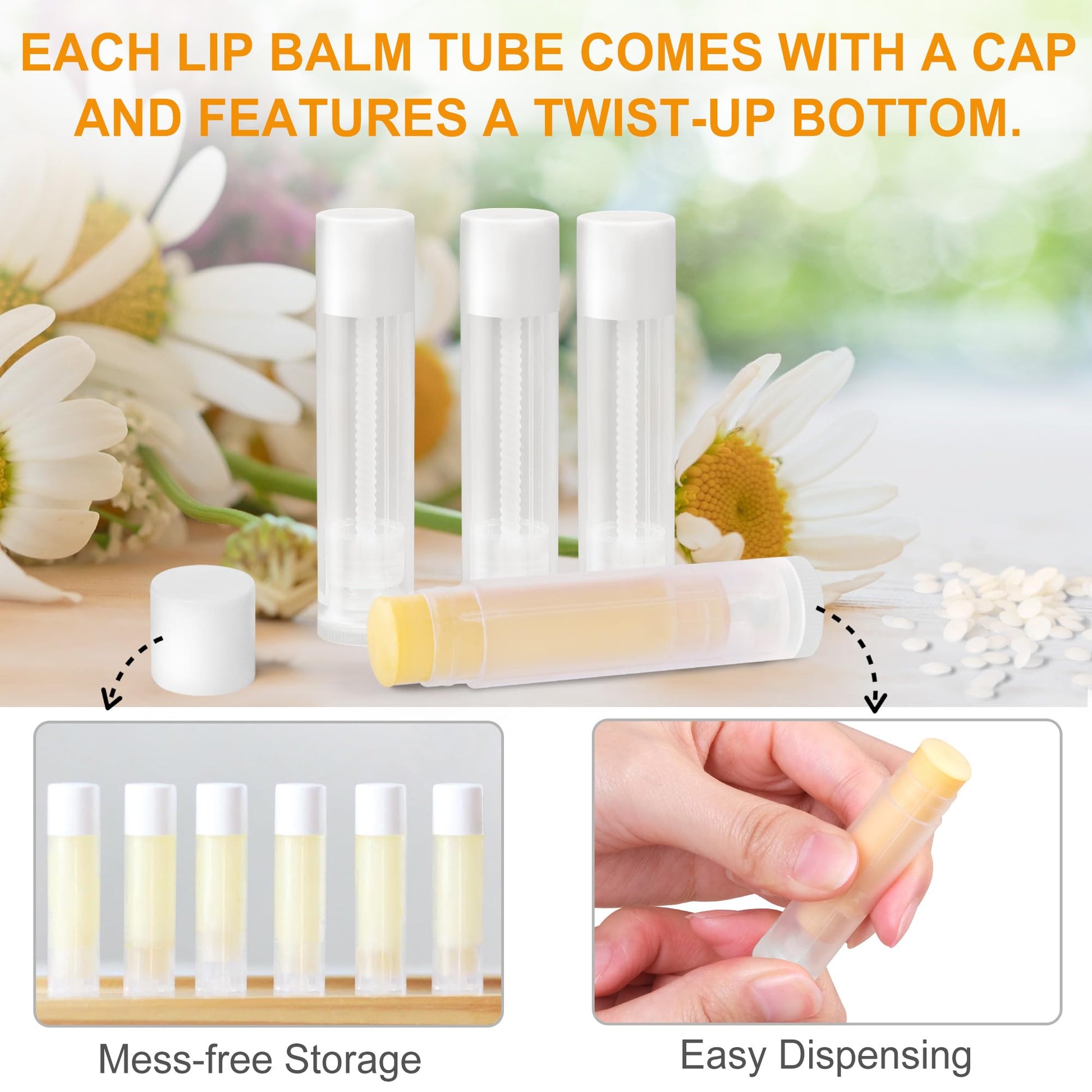 LotFancy 60 tubos de bálsamo labial vacíos, 5,5 ml (3/16 onzas), tubos transparentes con tapas blancas, sin BPA y sin fugas, rellenables, para maquillaje cosmético DIY